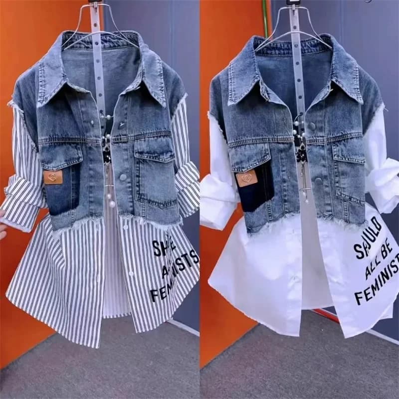 Women Denim Jacket Fake Two Denim Shirts 2025 New Spring Summer Autumn Casual Fashion Joker Stitching Striped Tops Coat Female