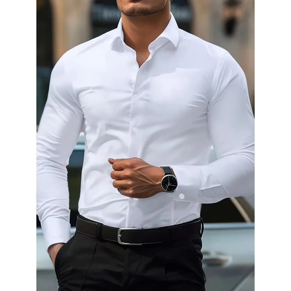 FGKKS Men Casual White Shirt Brand Fashion Solid Color Long Sleeve Elastic Fabric Male Business Dress Shirt