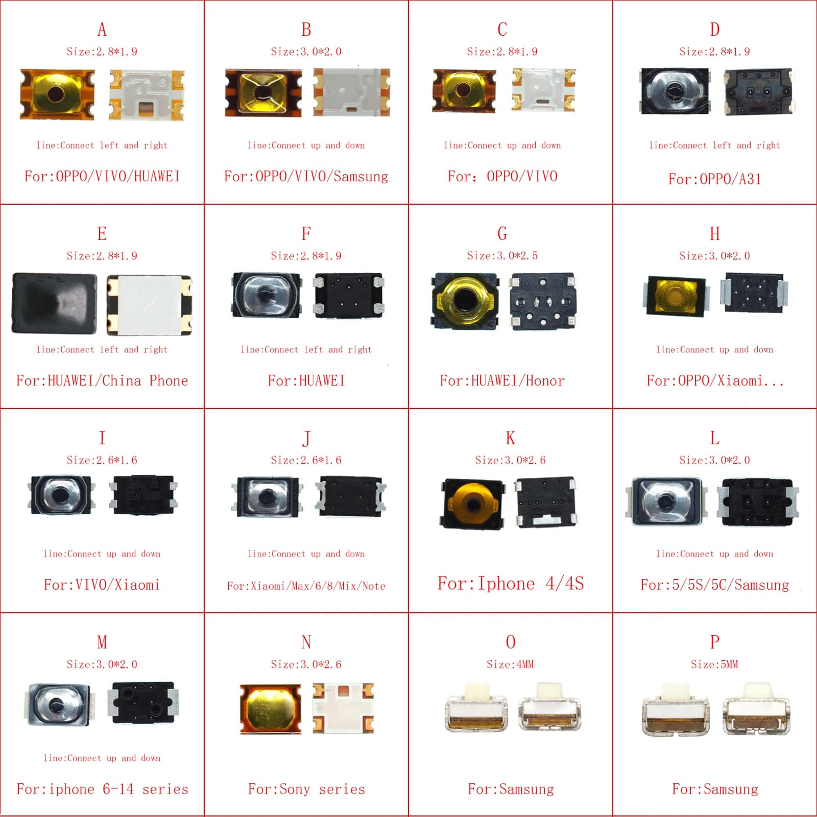 50pcs 3*2/2.8*1.9/2.6*1.6/4 MM Power On Off Inner Button Control For Iphone Huawei OPPO Xiaomi Samsung VIVO Honor Volume Switch