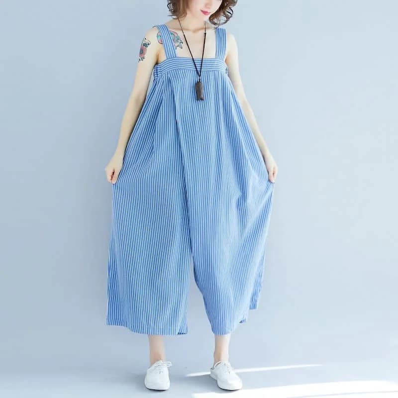 Jumpsuits for Women Loose Stripe Printing Playsuits Safari Style One Piece Outfit Women Casual Overalls Cropped Wide Leg Pants