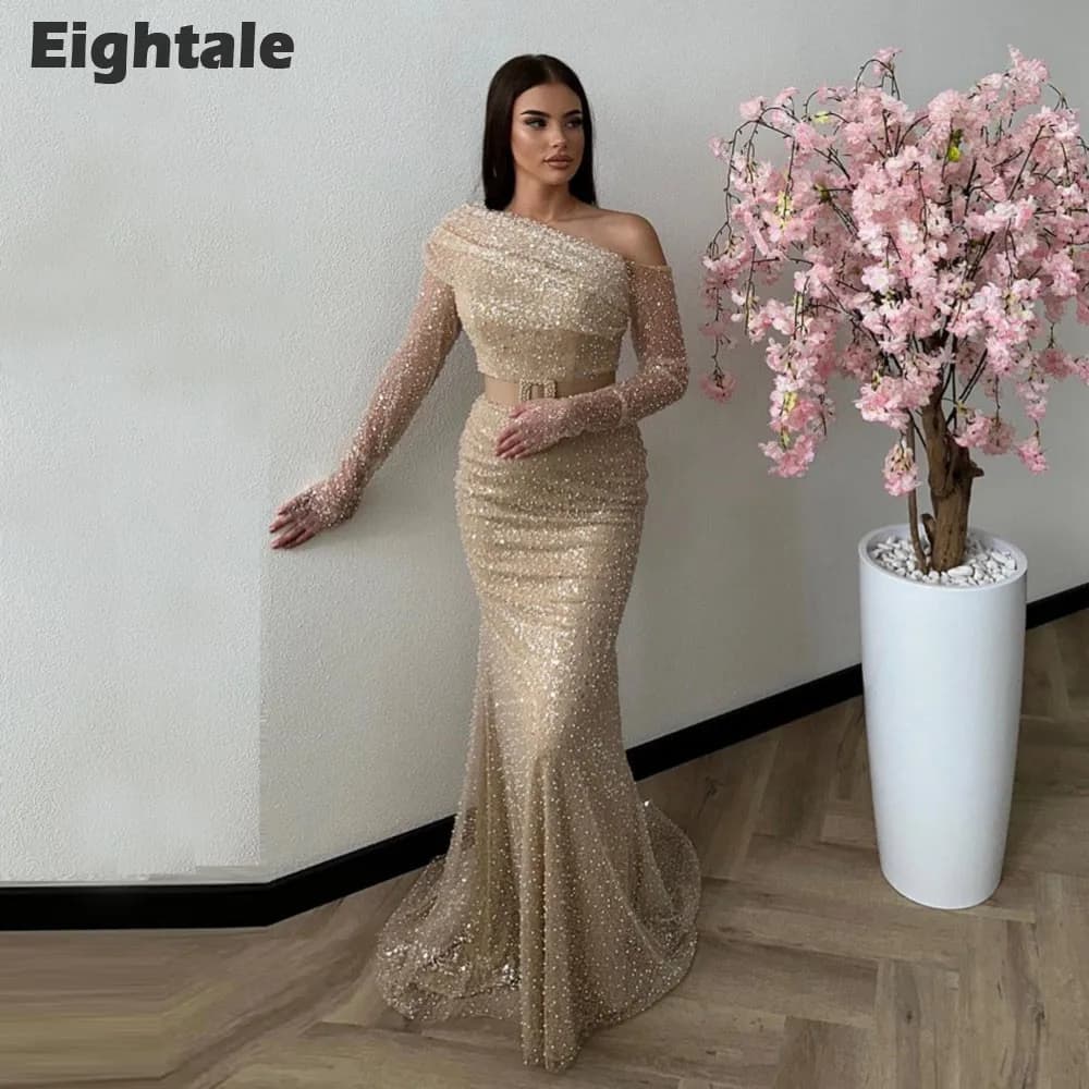 Eightale Luxury Evening Dresses Sequined One Shoulder Champagne Customized Belt Mermaid Prom Gown Wedding Party Dress