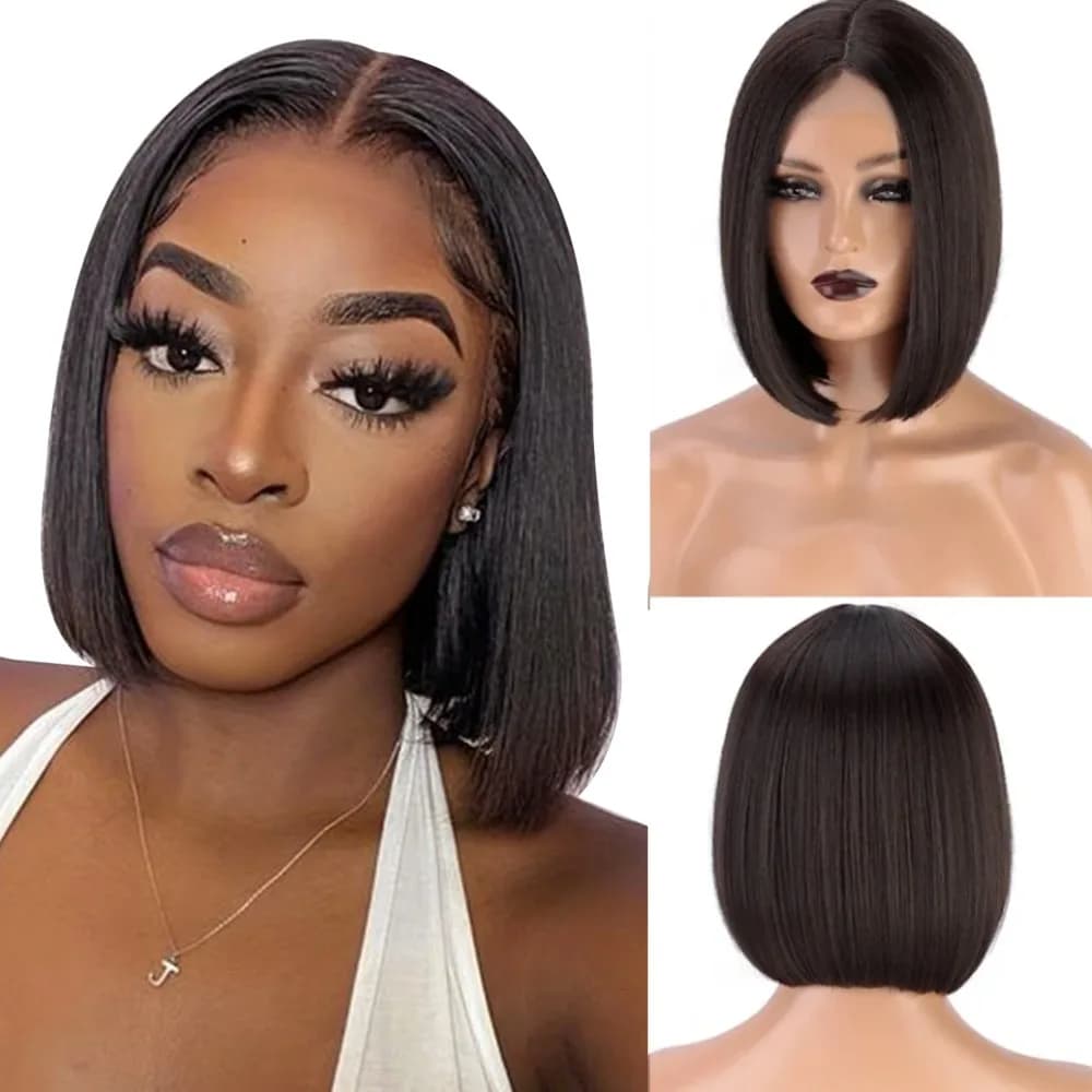 Black Bob Front Lace Wig Middle Section Short Straight #1 Dark Black Bob Wig for Daily Life 12inch  brown lace front wig