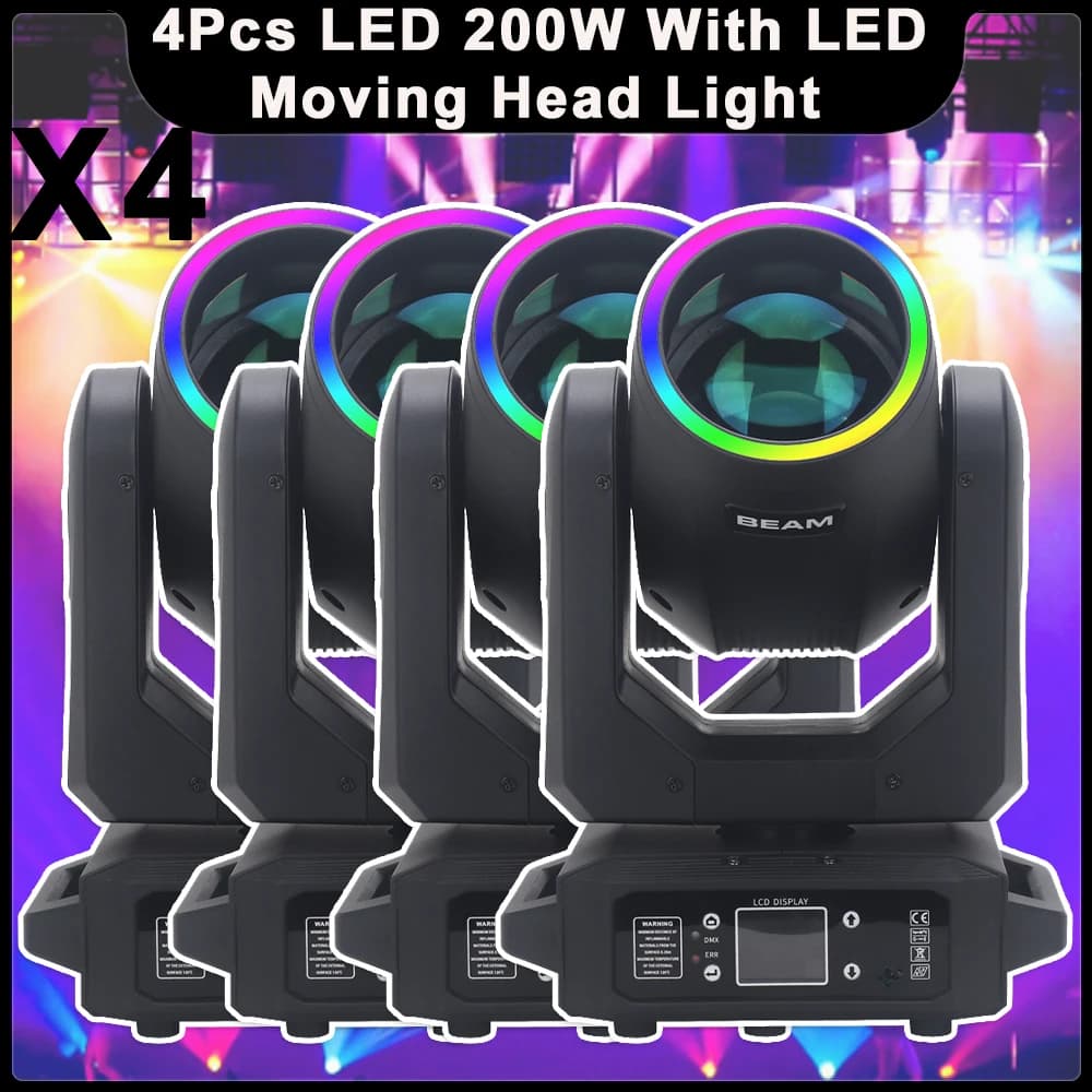 4Pcs/lot YUER LED 200W Moving Head Light With RGB Ring Beam Spot 18 Prism Rianbow Effects Dj Dmx Stage Lights Club Party Wedding