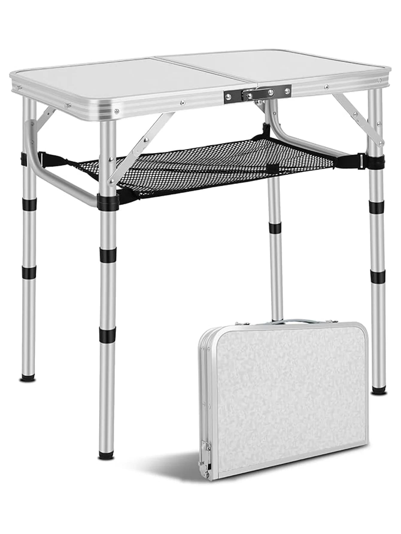 Small Folding Table, Portable Lightweight Aluminum Adjustable Height With Carry Handle, Camping Table With Mesh Holders For Outd