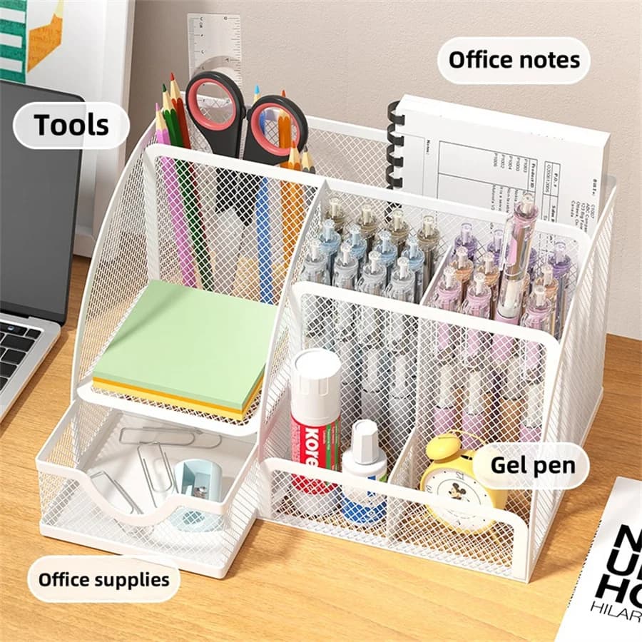 Desk Stationery Organizer Creative Metal Pen Holder Pencil File Storage Rack 7 Grid Storage Box Divided Container Office Access