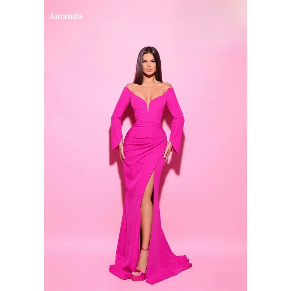 Amanda Double FDY Fabric Off the Shoulder V Neck robes de soirée Side High Split Evening Dresses Cocktail Party Wedding Dress