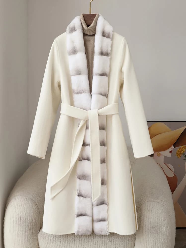 Real Fur Coat Winter Coat Women's Woolen Wool Jacket Long Real Rex Rabbit Fur Collar Cuffs Cashmere Winter Jacket