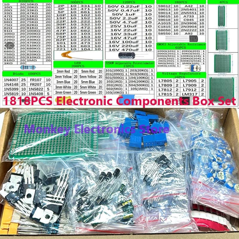 1818PCS Electronic components Diy Kit 2n2222 RM063 3296W LED PCB Capacitor Resistor potentiometers ne555 lm317 Diodes Monolithic