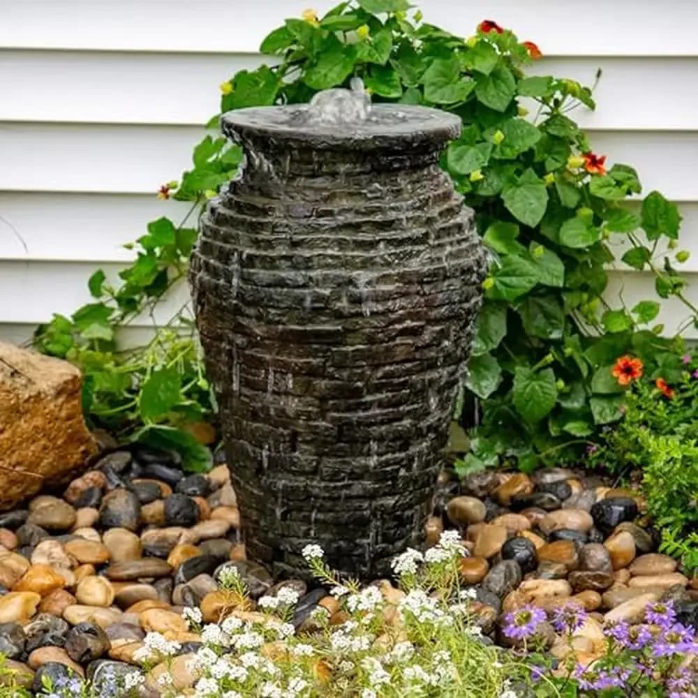 24" Stackable Urn Water Fountain Kit with AquaBasin 30 and Ultra 550 Pump Outdoor Fountain Slate Texture Fire Fountain Add-On