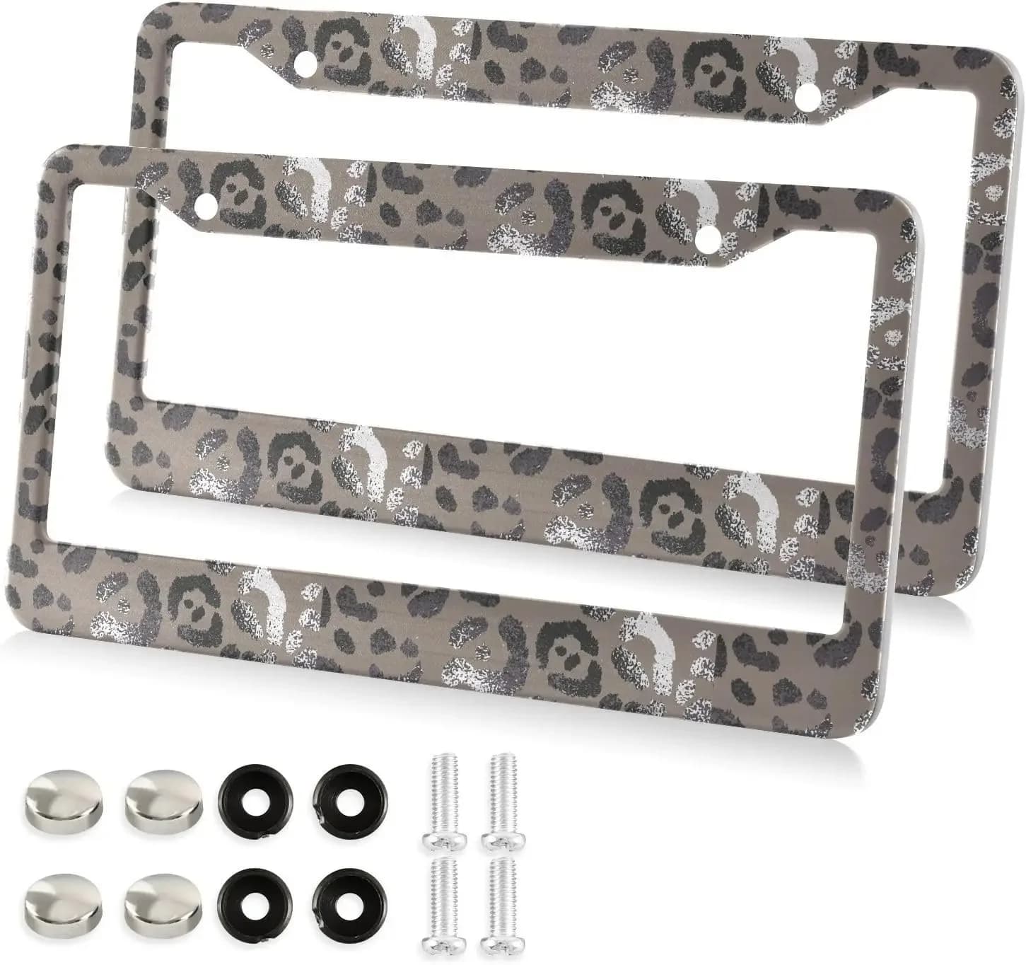 Leopard Pattern Car License Plate Frame 2 Pack License Plate Holder with 2 Holes Car Tag Frame for Women Men US Vehicles