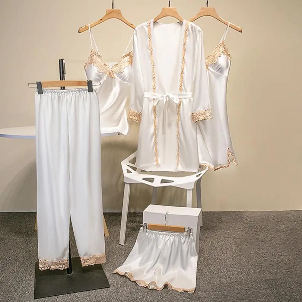 Lace Pajama Set Elegant Silky Satin Lace Patchwork Women's Pajamas Set with Lace-up Waist Top Shorts Pants 5 for Comfortable