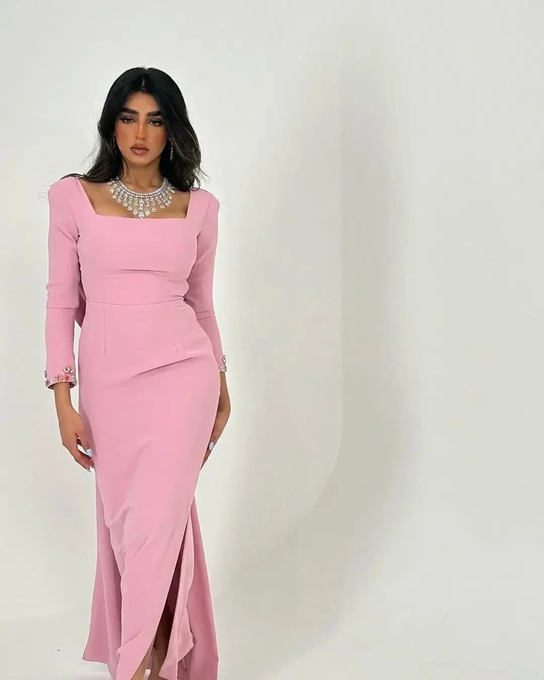 Saudi Arabia Women's Formal Party Pink Beaded Luxury Square Mermaid Prom Dresses Floor Length vestidos de ga Evening GownsCL-689