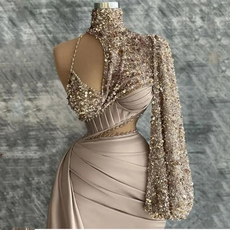 Gorgeous Elegant Mermaid Prom Dresses One Shoulder Long Sleeves Sequins Sparkly Arabic Women Evening Party Gowns Custom Made