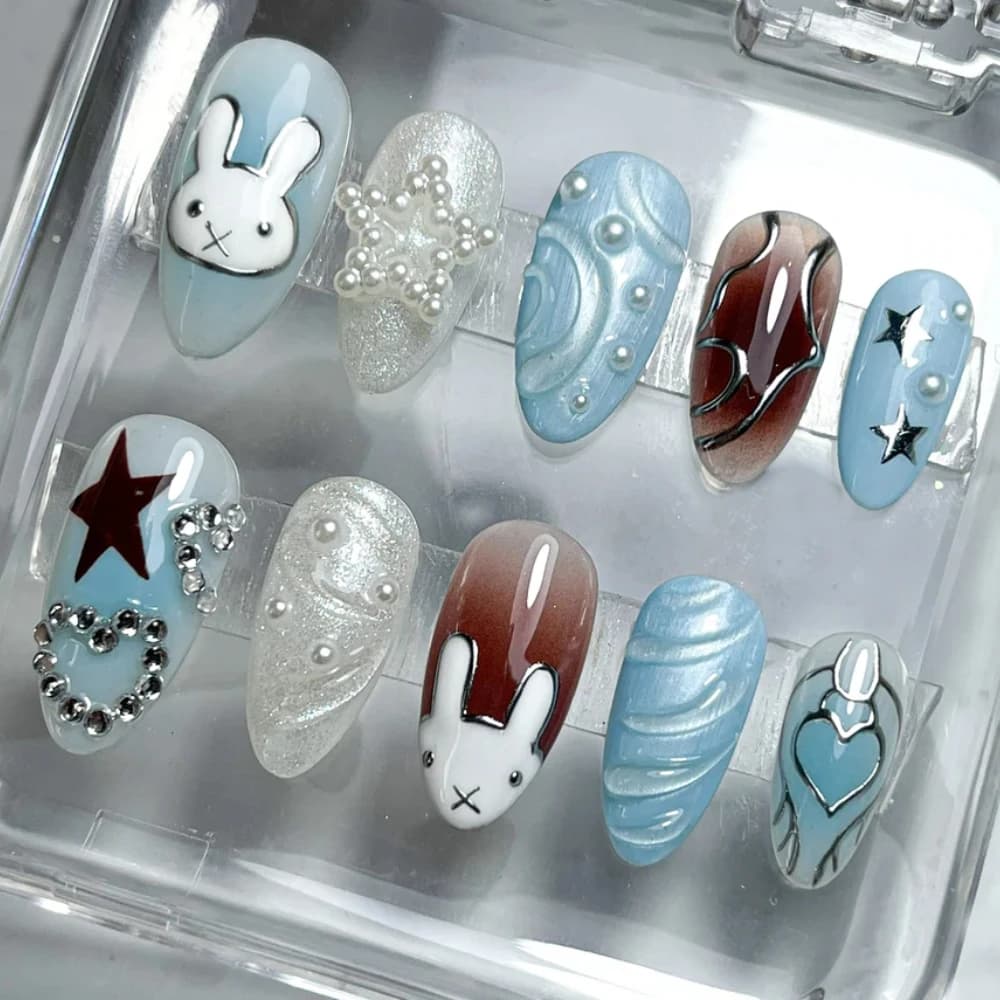 10Pcs Handmade Manicure Medium Almond Fake Nails New Cute 3D Blue Rabbit Nails Press On Nails Design with Adhesive Nail File Set