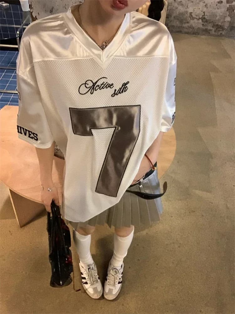 Y2k Sports Women's Oversize T-shirts Hip Hop Number Graphic Short Sleeve Tops Silvery Quick Drying Casual Basketball Tee