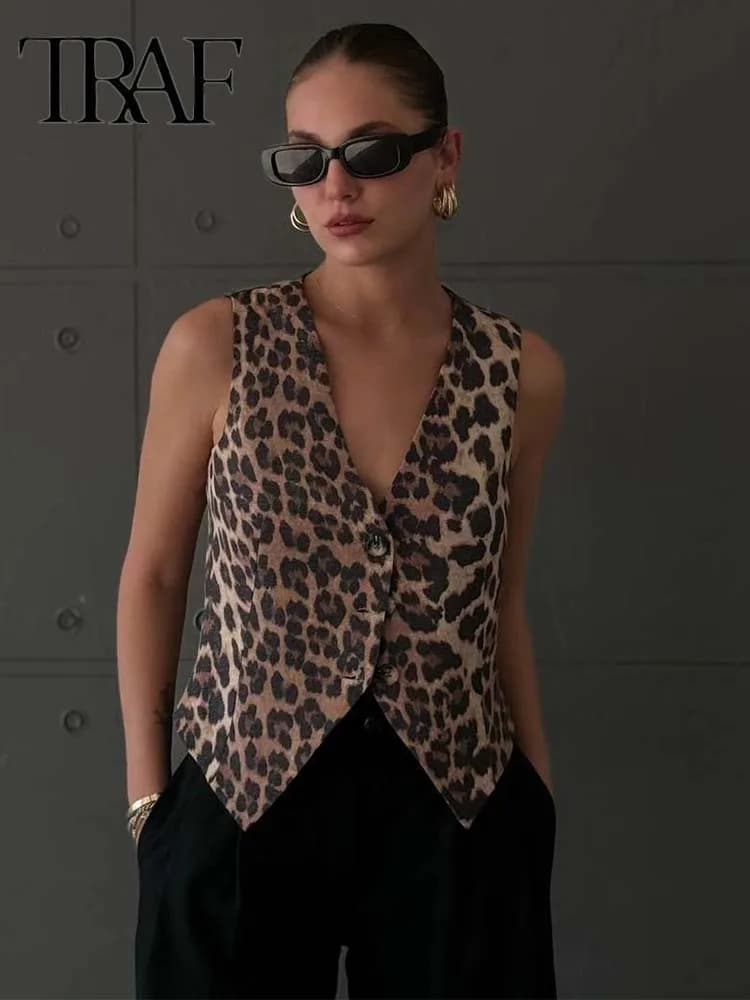 Women's Vest 2025 Fashion Leopard Summer V-Neck Single-breasted Vest Top Ladies Casual Cropped Sleeveless Coat New In Vests