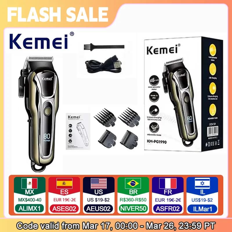 Kemei KM-PG1990A USB Rechargeable Electric Hair Clipper Professional Cordless Men Hair Trimmer Men's Hair Cutting Machine