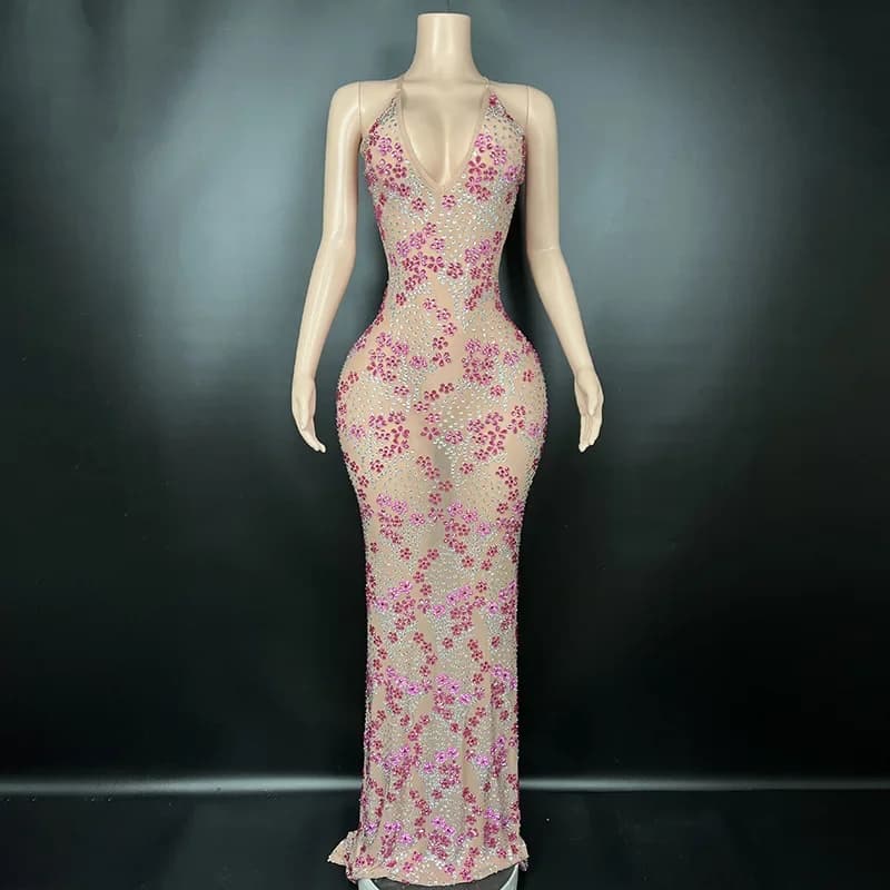 Hanging Neck Deep V Dress Stage Performance Bar Nightclub Birthday Party Long Dresses Sexy Strapless Sheath Dress