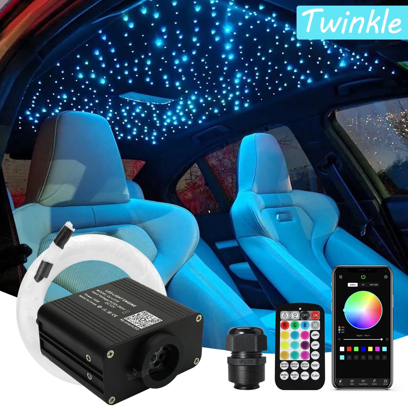 New 16W Twinkle RGBW Fiber Optic Star Ceiling Lights Kit Smart APP Sound Control LED Engine for Car Starry Sky Fiber Optic Light