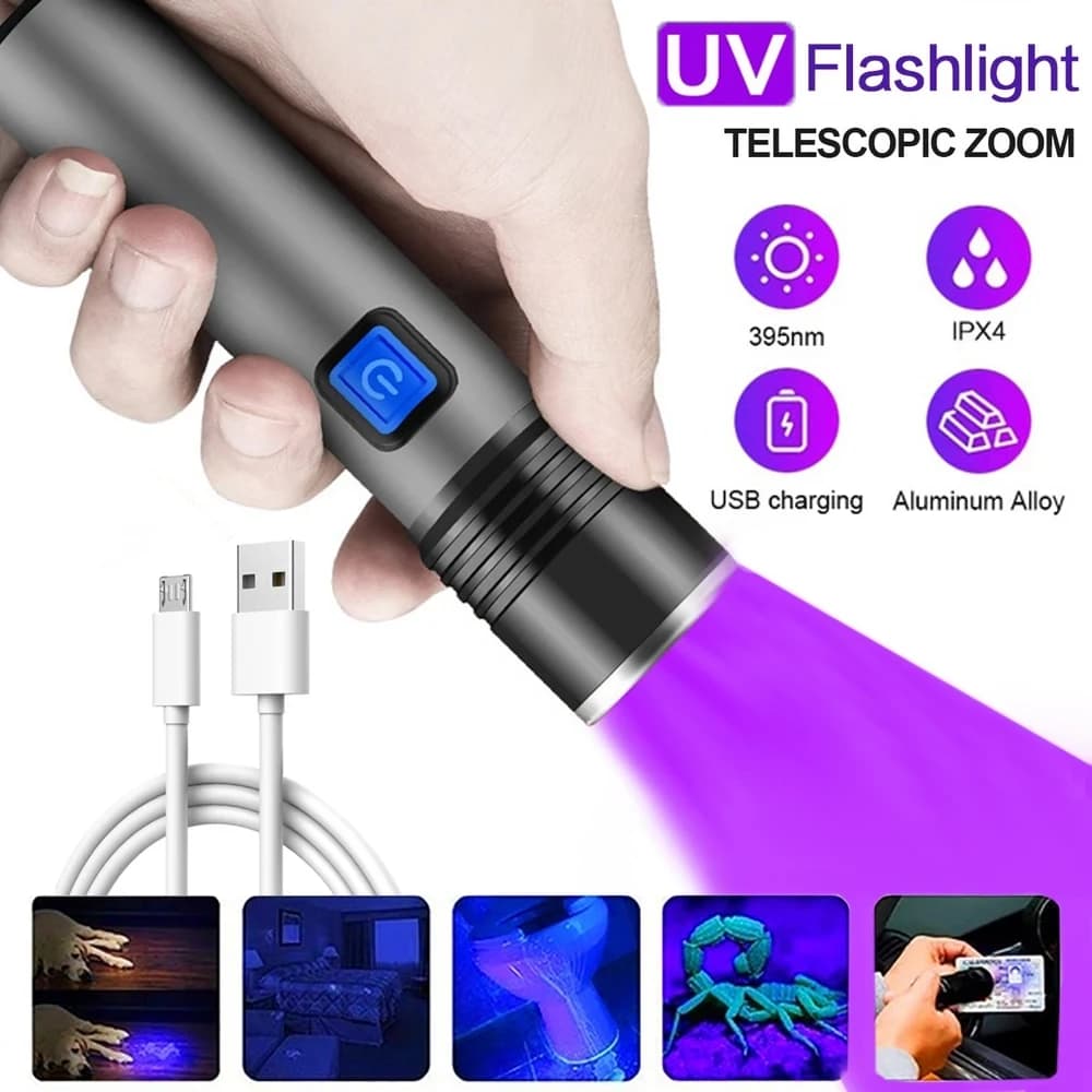 USB Rechargeable 365nm UV Flashlight Aluminum Portable Ultraviolet Light Torch Black Light Pet Urine Detector Black Flashlights