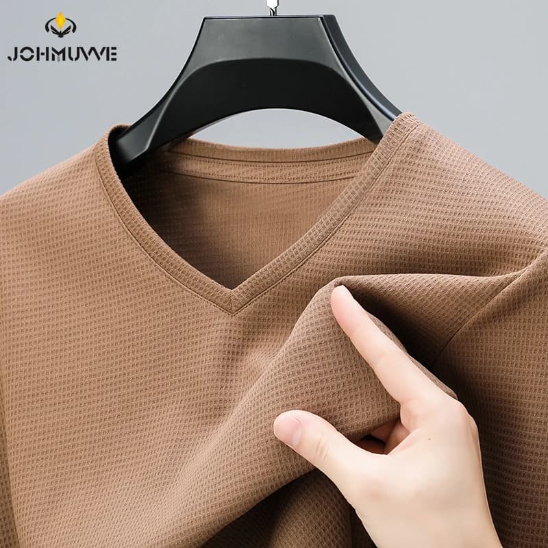 2025 Men's New Waffle V Neck Short Sleeved T-shirt Summer Comfortable Top