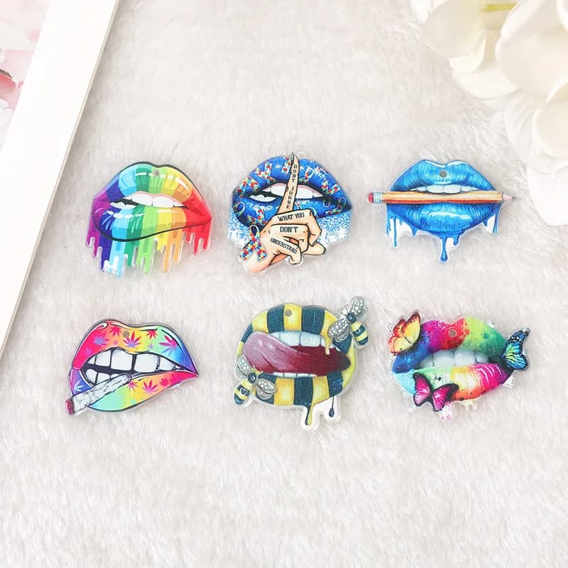 6 Pcs Halloween Charms Creepy Lip Gradient  Butterfly Bee  Smoking Mouth Flatback Acrylic Jewlery Findings For Jewelry Diy