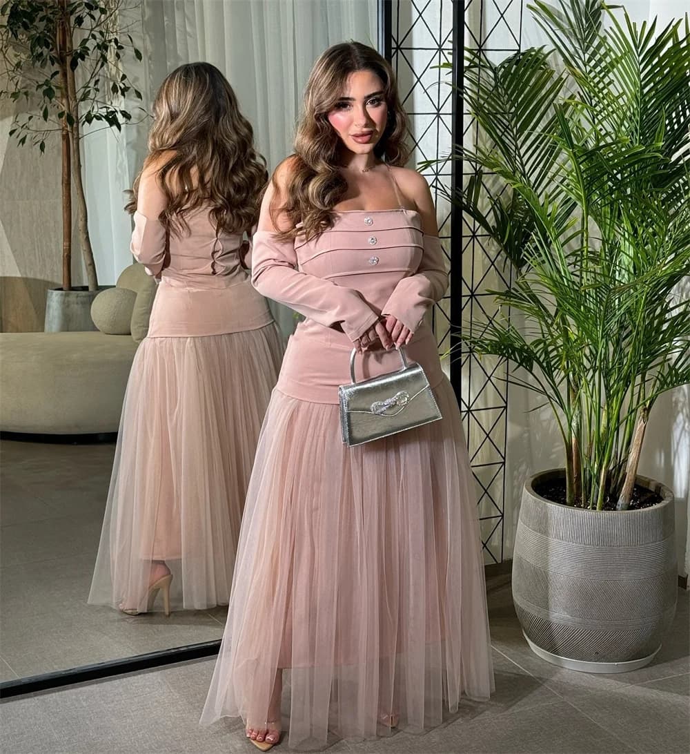Customized Matching Intricate Jersey Tiered Pleat Button Draped A-line Off-the-shoulder Long Dresses Prom Dresses Sizes Availabl