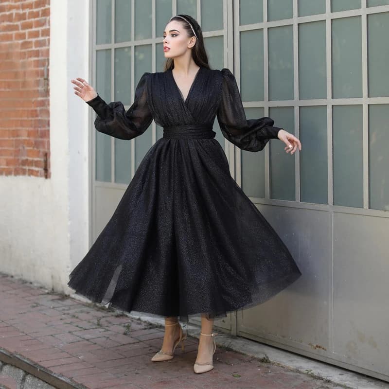 Customized Shiny Black Tea Length Evening Dress With Puffy Long Sleeves Elegant A-Line V-Neck Prom Cocktail Celebrity Gown
