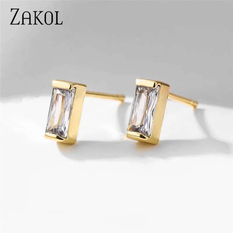 ZAKOL Simple Baguette CZ Zirconia Statement Stud Earrings for Women Fashion Gold Color Party Jewelry Birthday Gift