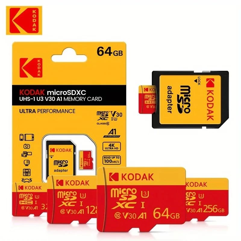 Kodak High-Speed MicroSDXC Card Adapter - 32GB-256GB, UHS-I U3 V30 A1, for Laptops, Smartphones, Surveillance and Dash Cams