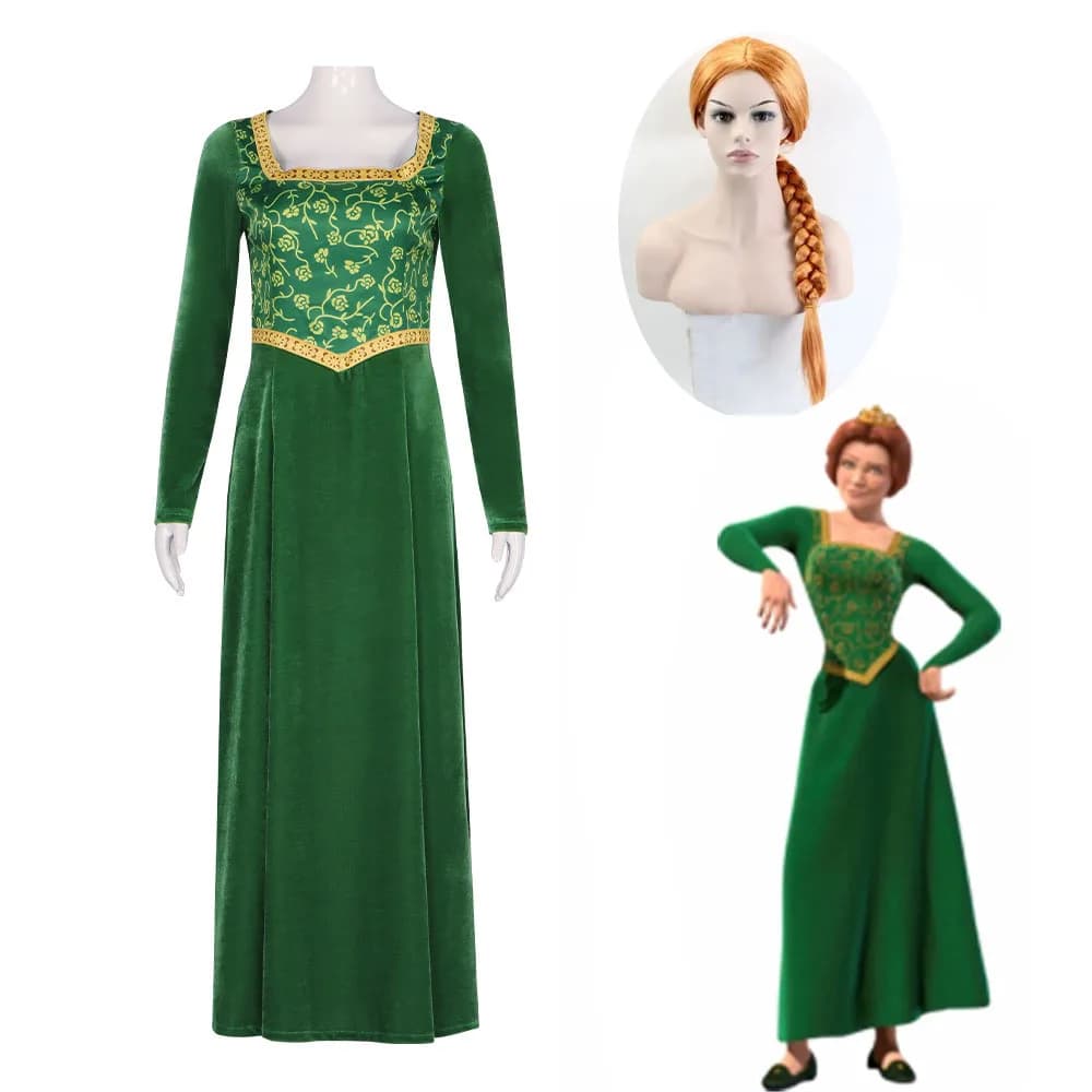 Anime Princess Green Dress Fiona Dress Shrek Cosplay Costume Halloween Fancy Fantasy Party Suit Roleplay for Adult Woman