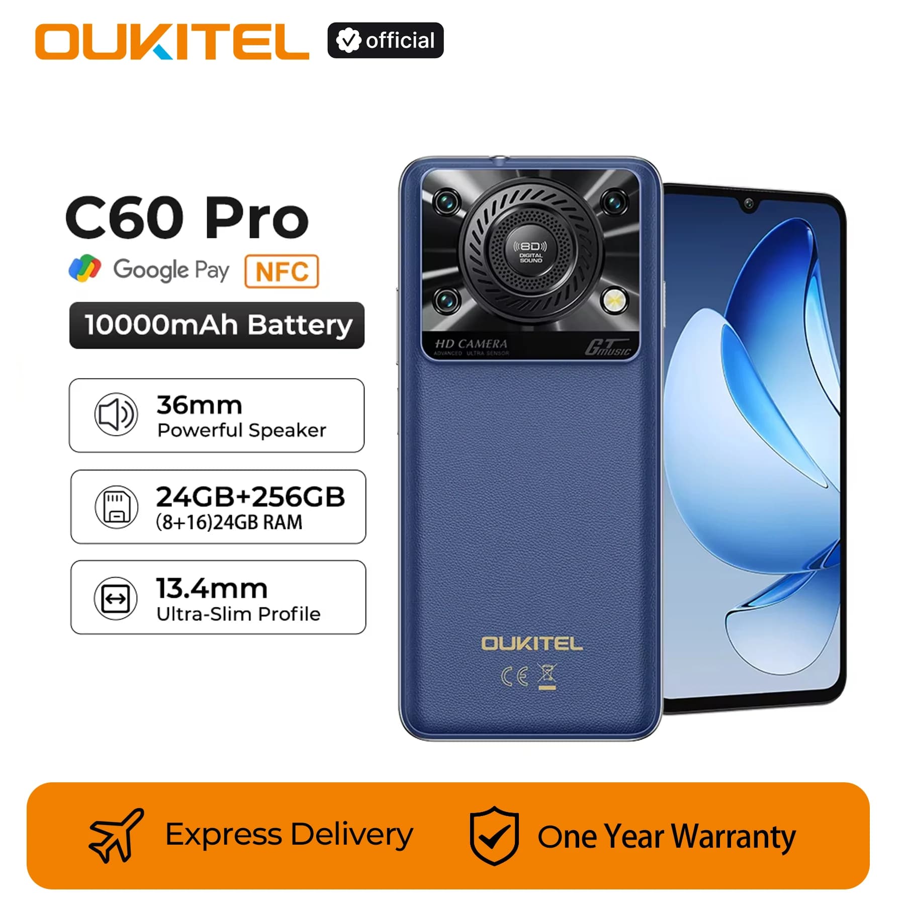 Oukitel C60 PRO smartphone 10000mAh Battery 24GB+256GB 6.88"HD 90Hz Android 15 13.4nm 36mm Powerful Speaker cell phone