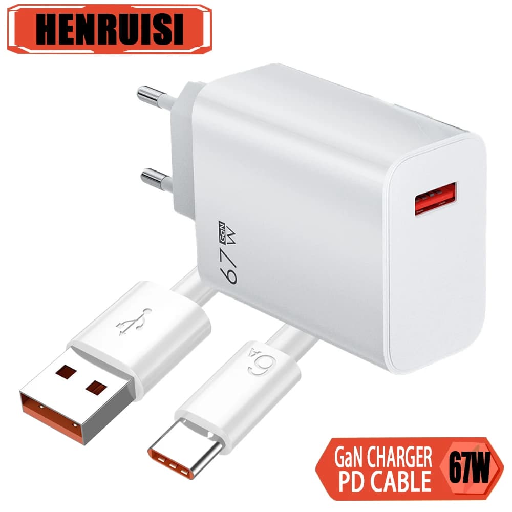 67W GaN USB Fast Charger with 6A Quick Charge Type C Cable For iPhone Xiaomi Samsung Huawei Mobile Phone Charger Power Adapter