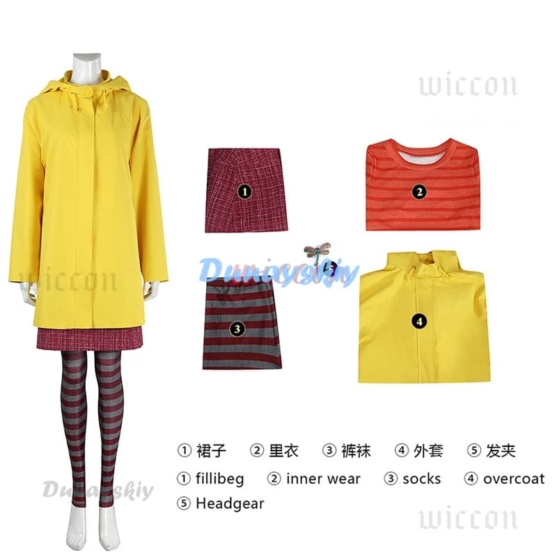 Coraline Cosplay Costume Horror Fairytale Movies Yellow Coat Secret Door Adult Halloween Party Scary Ghost Mom Caroline