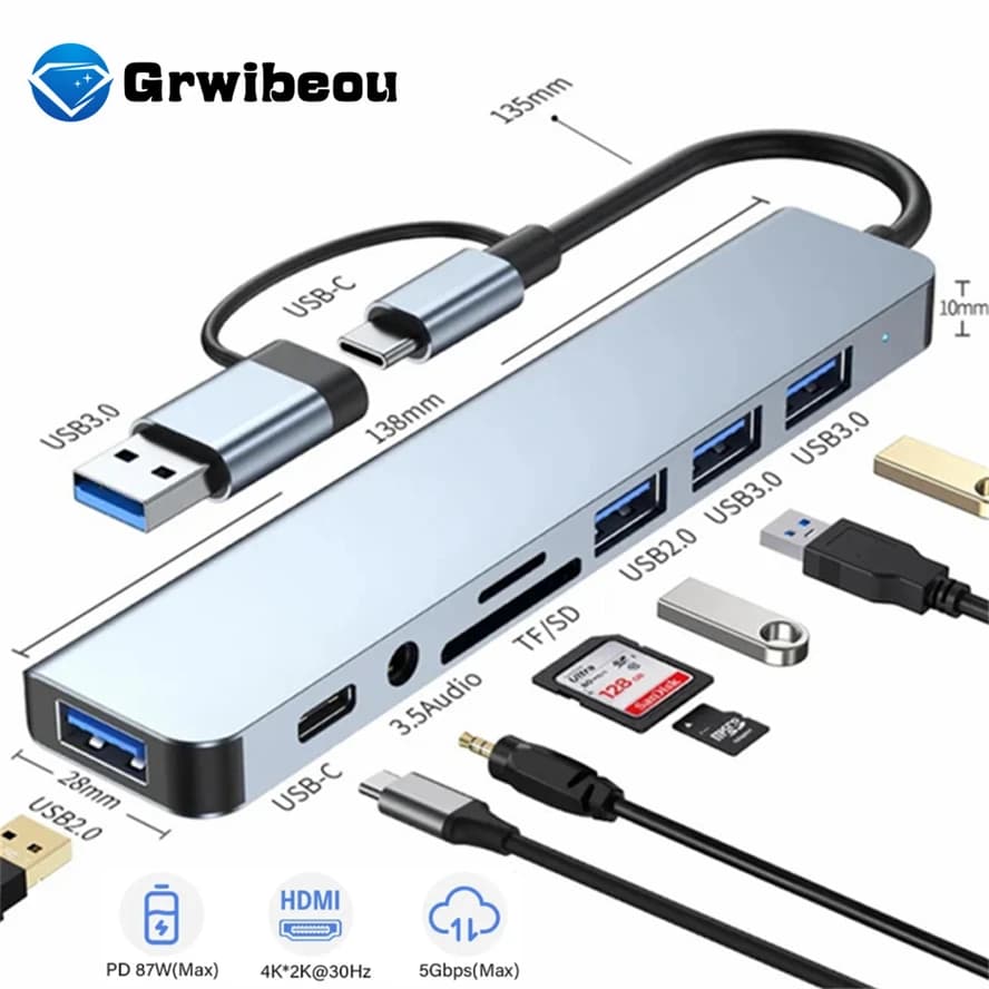 8 in 1 USB 3.0 HUB USB-C HUB Dock Station 5Gbps High Speed Transmission USB Splitter Type C to USB OTG Adapter For Macbook Pro