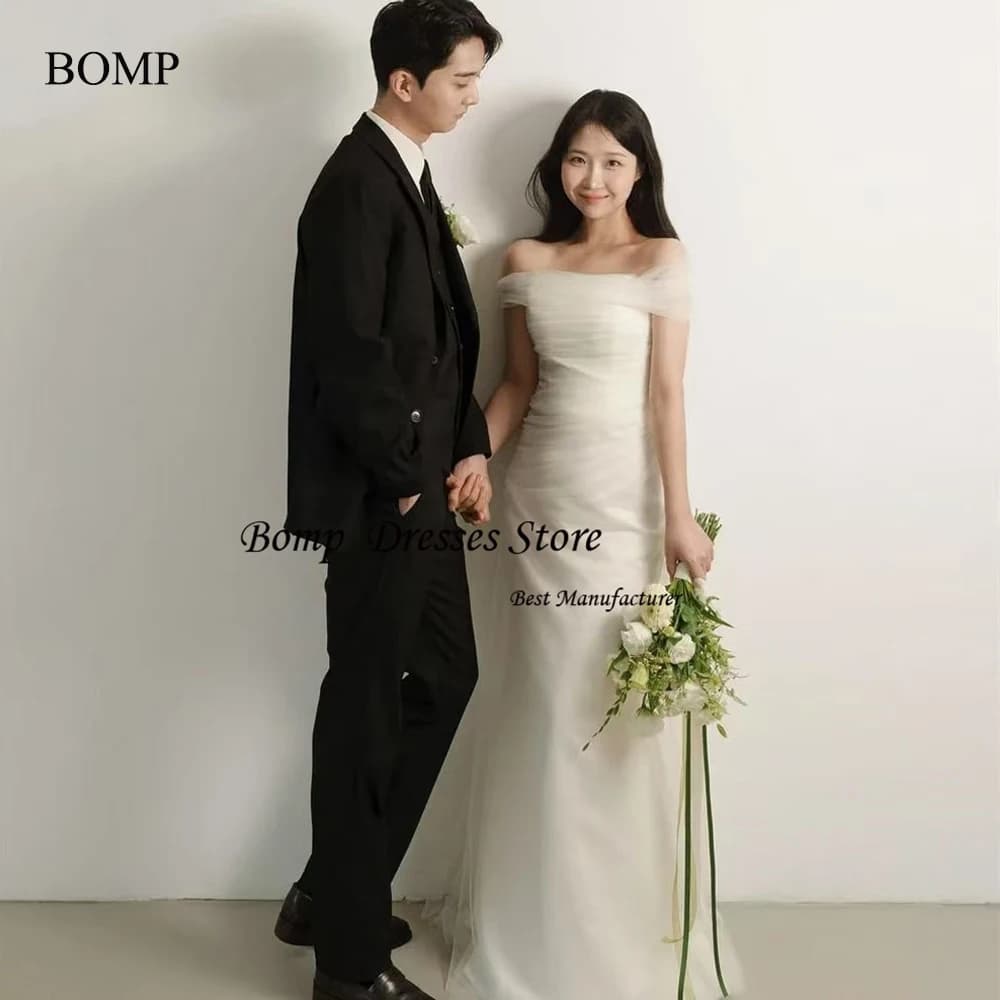BOMP Elegant Mermaid Wedding Dresses Off Shoulder Soft Tulle Floor length Bride Gowns Photo shoot Customized Corset back