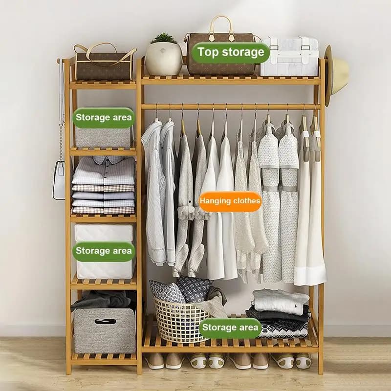 Floor Garment Rack Home Standing Clothes Shelf with Multi Layers Multi-Function Laundry Organizing Rack for Living Room Bedroom