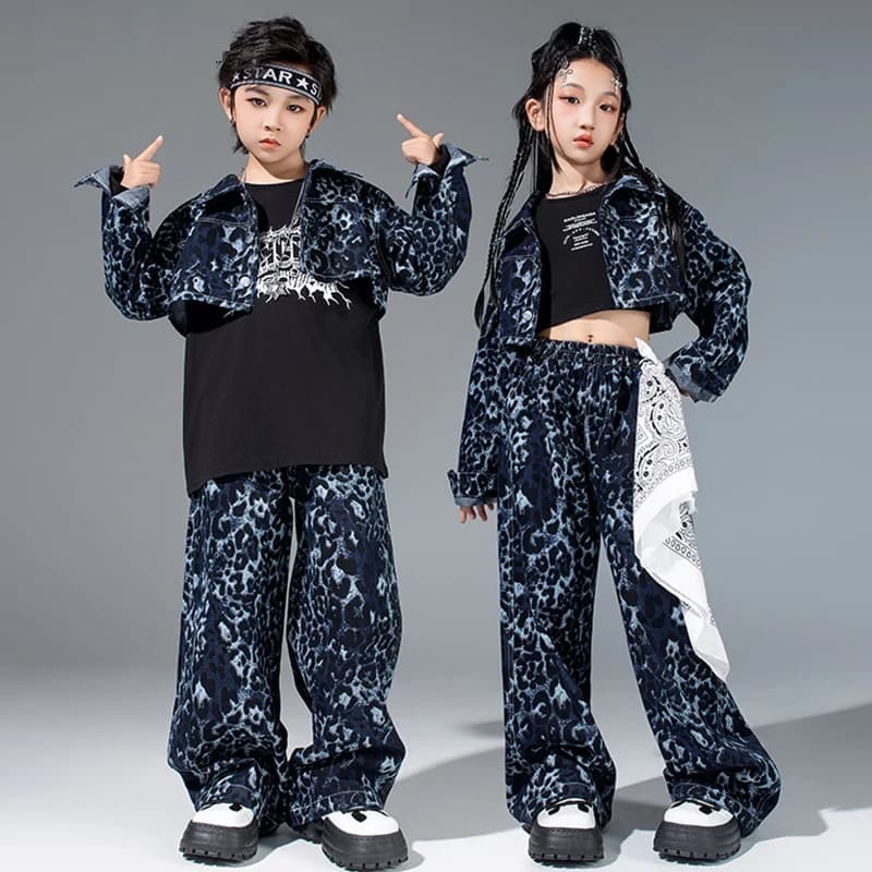 Leopard Blue Street Dance Suit Children Hip Hop Kpop Dance Stage Costume Boys Girls Club Jazz Performance Suit Jacket Pants 2207