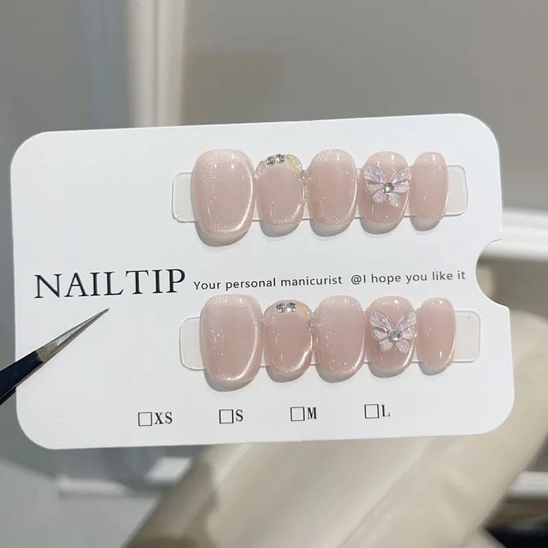 10pcs Cat Eye Press on False Nails Lovely Short Square Nail Art Butterfly Bow Rhinestone Nails Full Cover Fake Nail Tip for Girl