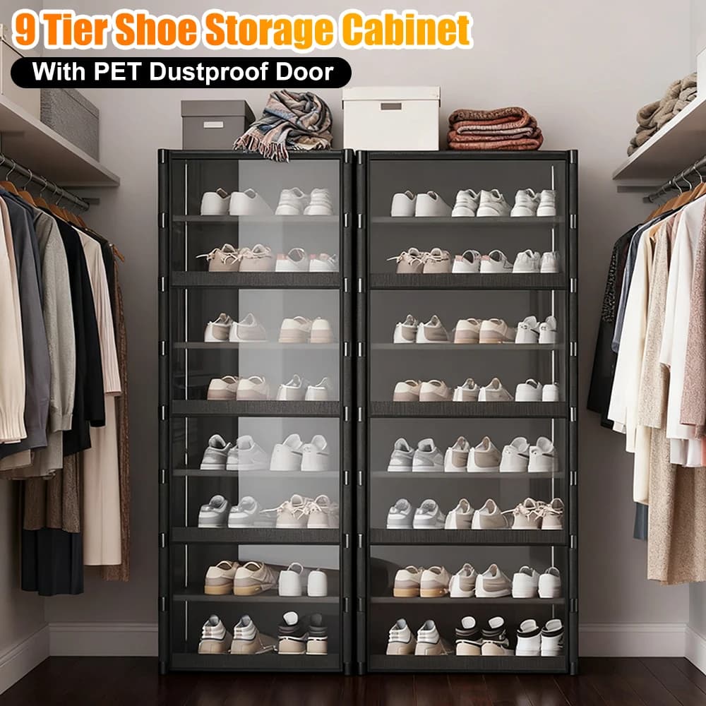 9 Tier Multi-Layer Shoe Rack 42cm/60cm Shoes Storage Cabinet Space Saving Vertical Stand Holder Dustproof Door Shoe Organizer