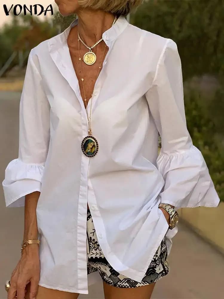White Shirt Women Solid Color Flare Sleeve Shirts Spring Tops 2025 VONDA Sexy V Neck Button Up Office Shirts Femininas Blusas