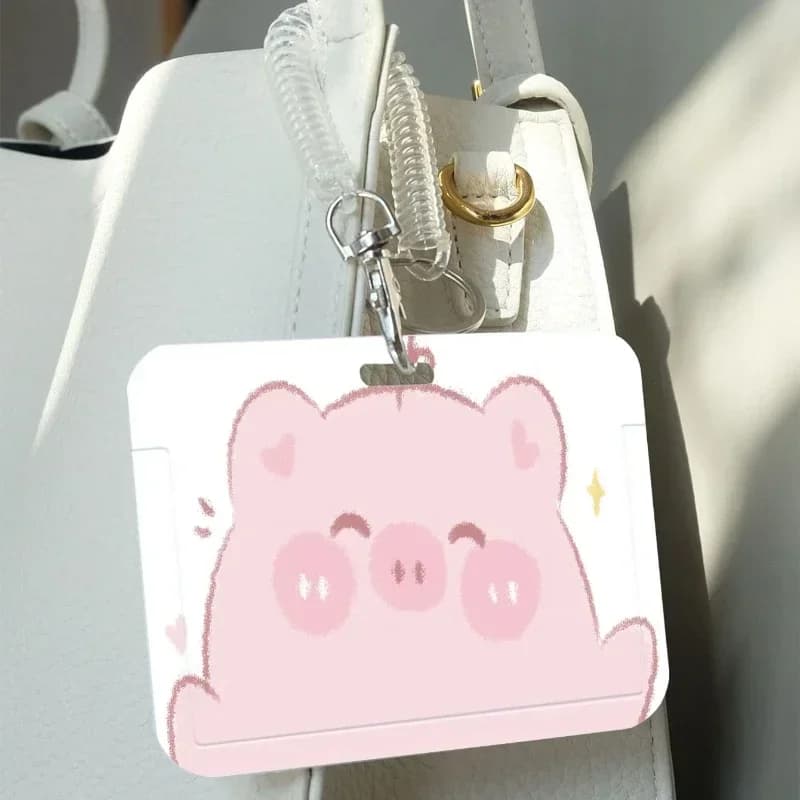 Cartoon Cute Pig Head Pattern Card Holder With Lanyard Suitable For Student Card Case Bus Card Protective Case Photo Protector