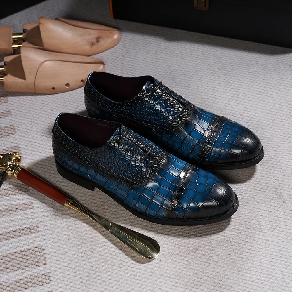 Luxury Men's Oxfords Genuine Leather Cap Toe Alligator Pattern Snake Printing Lace-Up Office Wedding Party Dress Shoes for Men