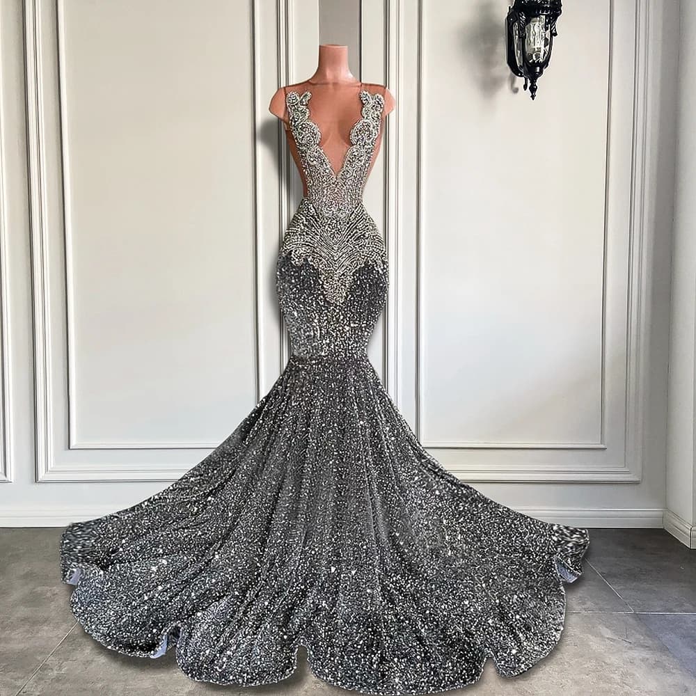 Sexy Long Sparkly Prom Dresses 2025 Sheer O-neck Luxury Silver Crystals Diamond Sequin Mermaid Black Girl Prom Party Gowns