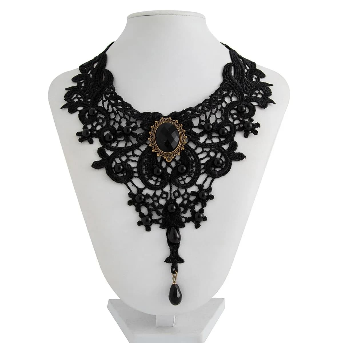 Fashion New Vintage Gemstone Black Lace Beads Choker Gothic Steampunk Style Stonego Gothic Collar Necklace ( Pack of 1/2)