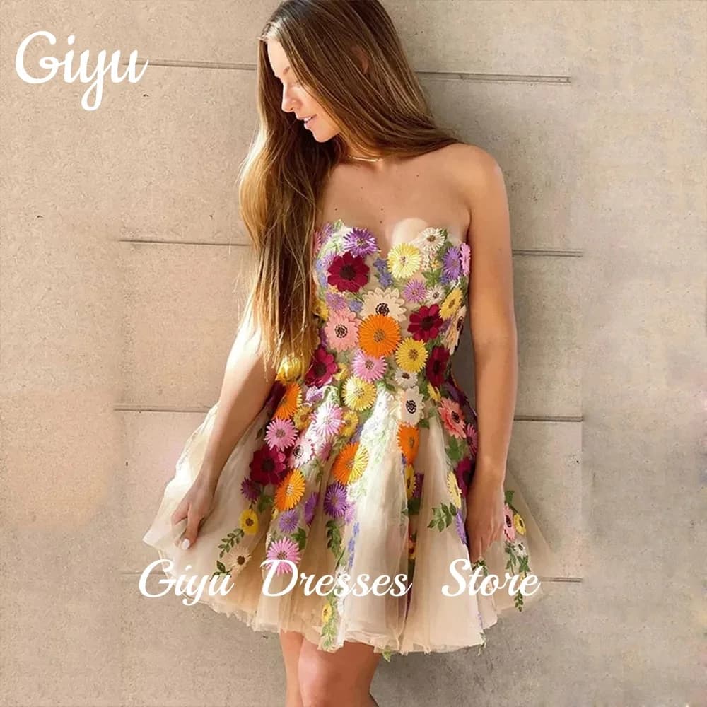 Giyu Mini Flowers Short Prom Dresses Sweetheart Collar Tulle Cocktail Dress Colorful Evening Gowns Graduation Dress Customsied