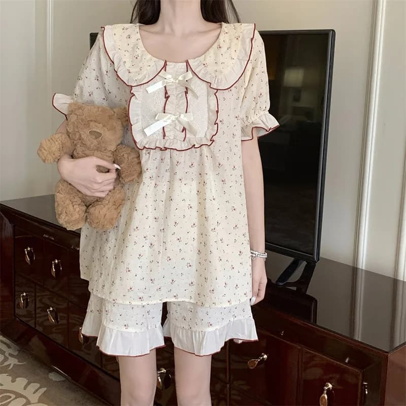 Soft Floral Doll Collar Summer Short Sleeve Shorts Print Pajamas Set Women Korean Cute Sleepwear  Two Piece Set Casual Elegant