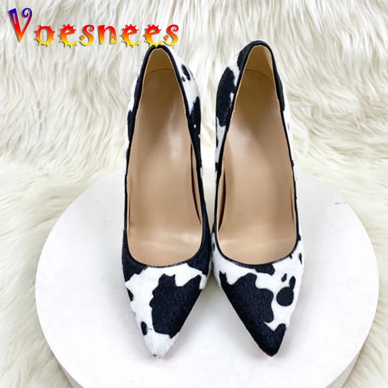 Black And White Milk Flower Pointed Toe High Heels Fashion Women's Horse Hair Single Shoes 8CM Super Models Walking Show Pumps