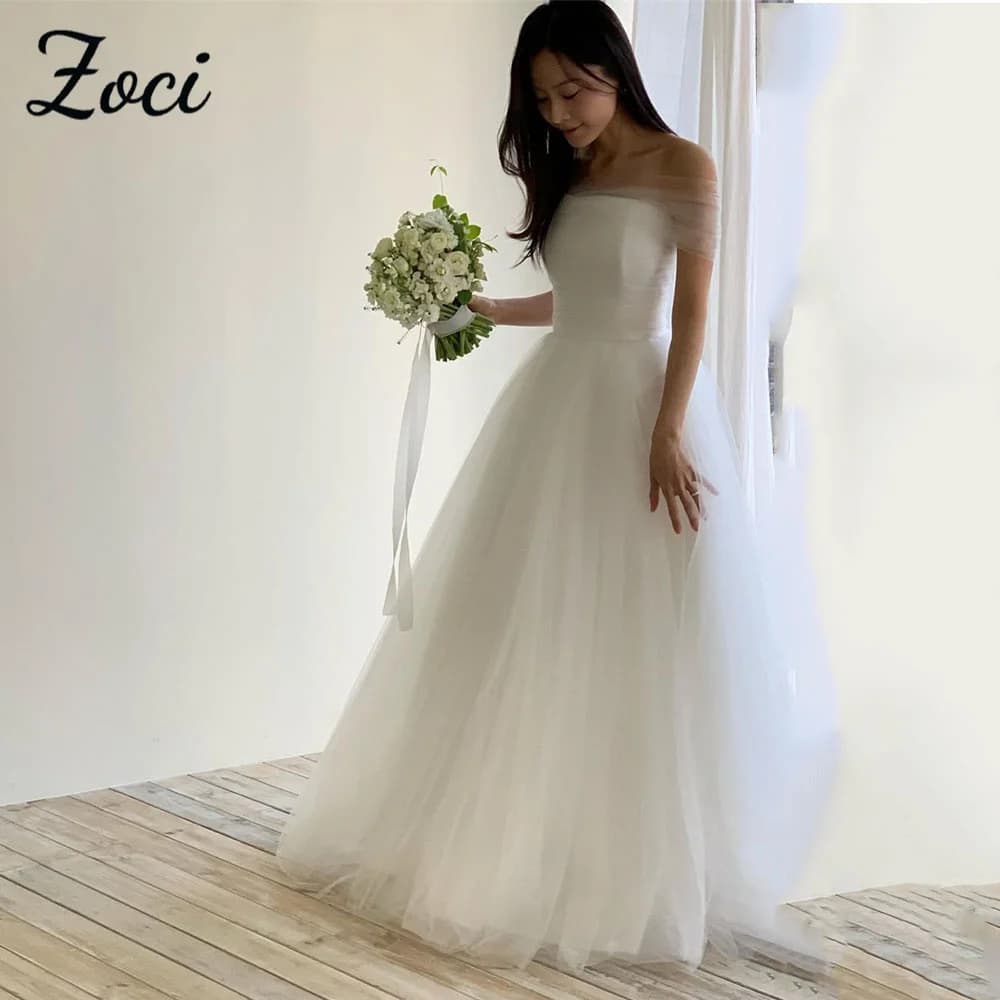 Zoci Elegant Strapless Korea A Line Wedding Dresses Shoulder Cape Photo Shoot Dress Customized Draped Tulle Backless Bridal Gown