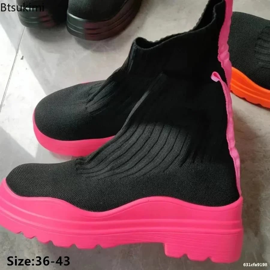 2025 Women's Knitted Socks Boots Autumn Winter Candy Color High Elasticity Wool Thick Soled Bootes for Women Ankle Boots 35-43